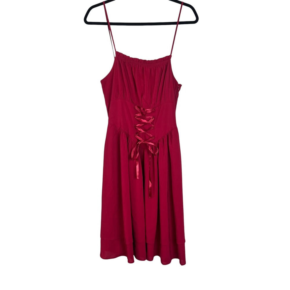 Scarlett Darkness Red Corset Lace Up Midi Dress Smocked Back Gothic Cottagecore